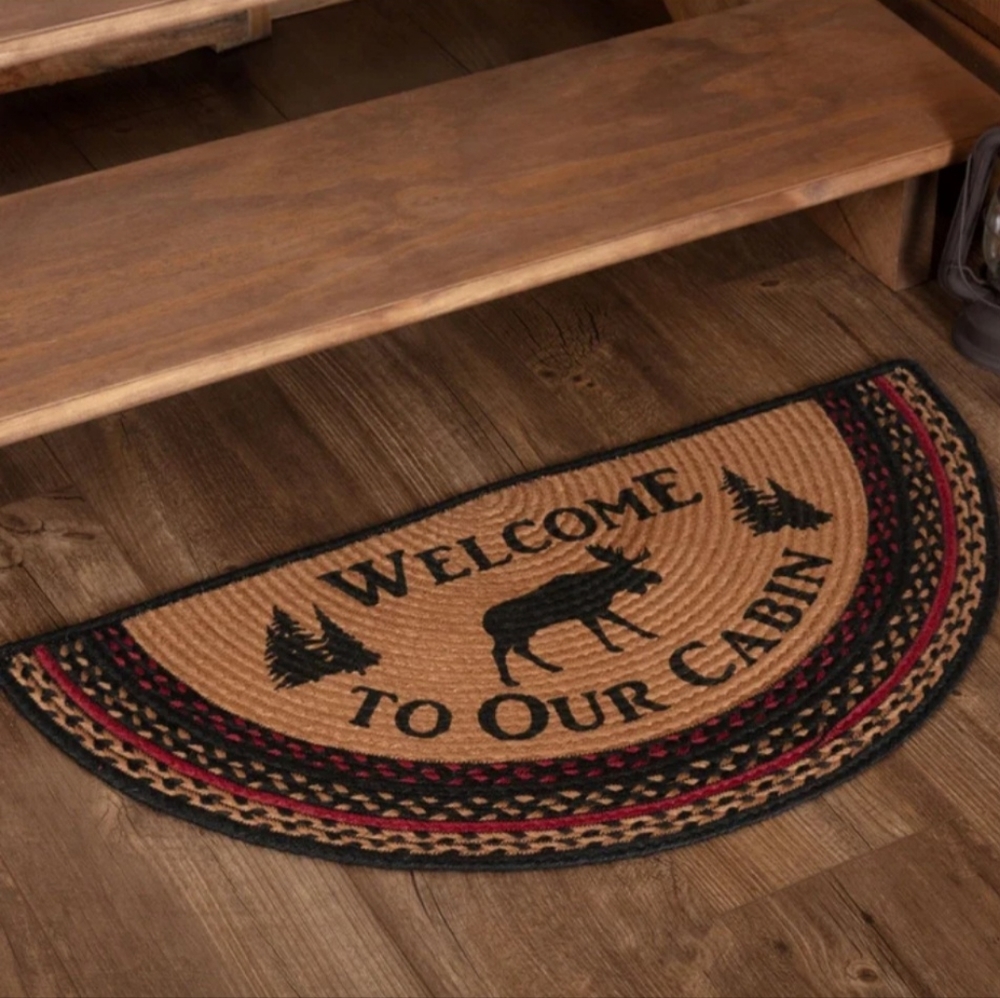 (SOLD) Cumberland Stenciled Moose Jute Rug Half Circle Welcome to the Cabin